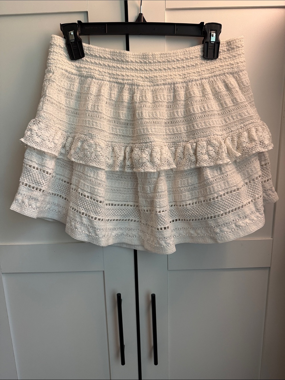 aerie White Crochet Tiered Ruffle Mini Skirt